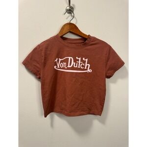 Y2K Von Dutch Women's Brown Signature Logo Graphic Cropped Baby Tee T-Shirt M